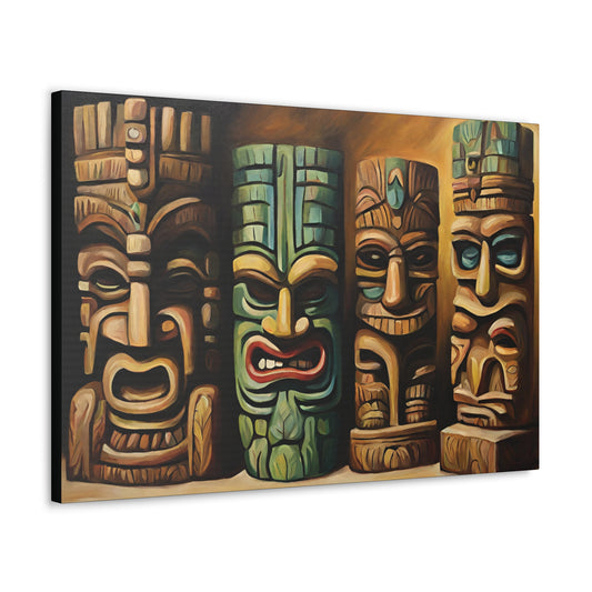 Tiki Statues Canvas Wall Art 30 by 20 Inch 30x20 Canvas 30x20 Inch Canvas Print Flowers Hawaiian Office Art Polynesian Tiki Tiki Statue wall art