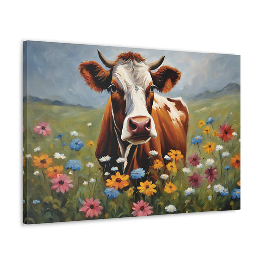 Cow and Wildflowers Canvas Wall Art 30 by 20 Inch 30x20 Canvas 30x20 Inch Canvas Print Cow Flowers Office Art wall art