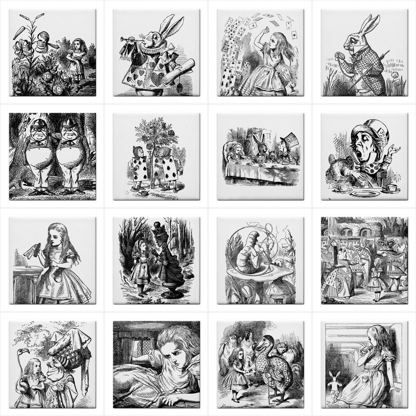 Alice In Wonderland Ceramic Tile Set Of 16 Black and White Art Tiles Ceramic Tile Set