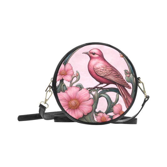 Pink Bird Art Sling Purse Round PU Leather Art Nouveau Bird Birds Pink PU Leather Purse Round Purse Purse