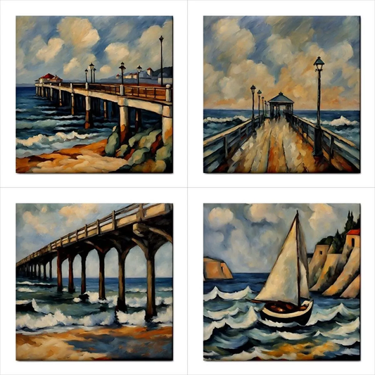 Ocean Beach Pier Ceramic Tile Art Set Of 4 Decorative Tiles Backsplash Art Backsplash Beach Ceramic Ceramic Tile Ceramic Tile Set Home Decor Nautical Ocean Pier Tile Ceramic Tile Set