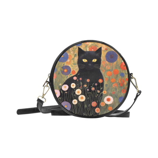 Black Cat and Flowers Sling Purse Round PU Leather Bag Art Art Nouveau Black Cat Cat Feline Floral Flowers PU Leather Purse Round Purse Sling Purse Purse