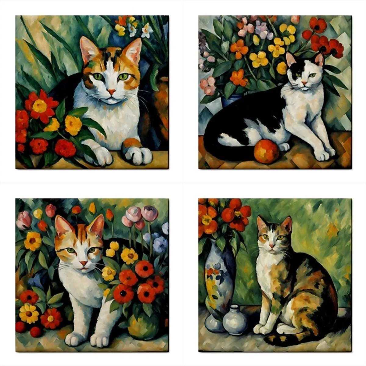 Cats and Flowers Ceramic Tile Art Set Of 4 Decorative Tiles Backsplash Animal Animal Art Animal Tile Art Backsplash Cat Cat Art Cats Ceramic Ceramic Tile Ceramic Tile Set Flower Flower Tile Home Decor Tile Ceramic Tile Set