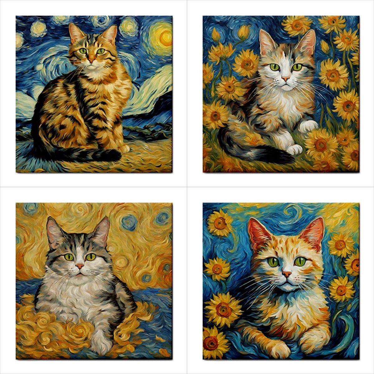 Cats Ceramic Tile Art Set Of 4 Van Gogh Style Decorative Backsplash Tiles Ceramic Tile Set