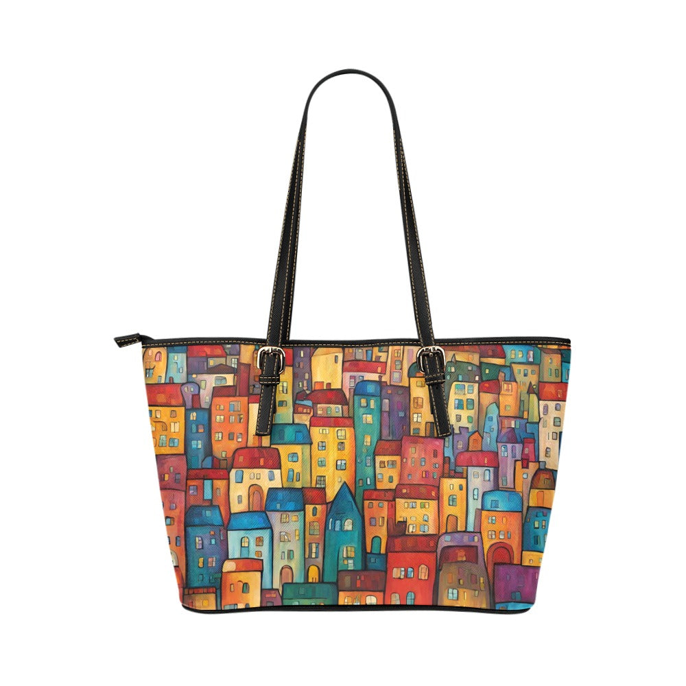 Colorful Village Shoulder Tote Bag 17.5" x 11" PU Faux Leather 17.5" x 11" Art Carry On Home Decor PU Leather Shoulder Bag Tote Tote Bag Travel Tote Bag