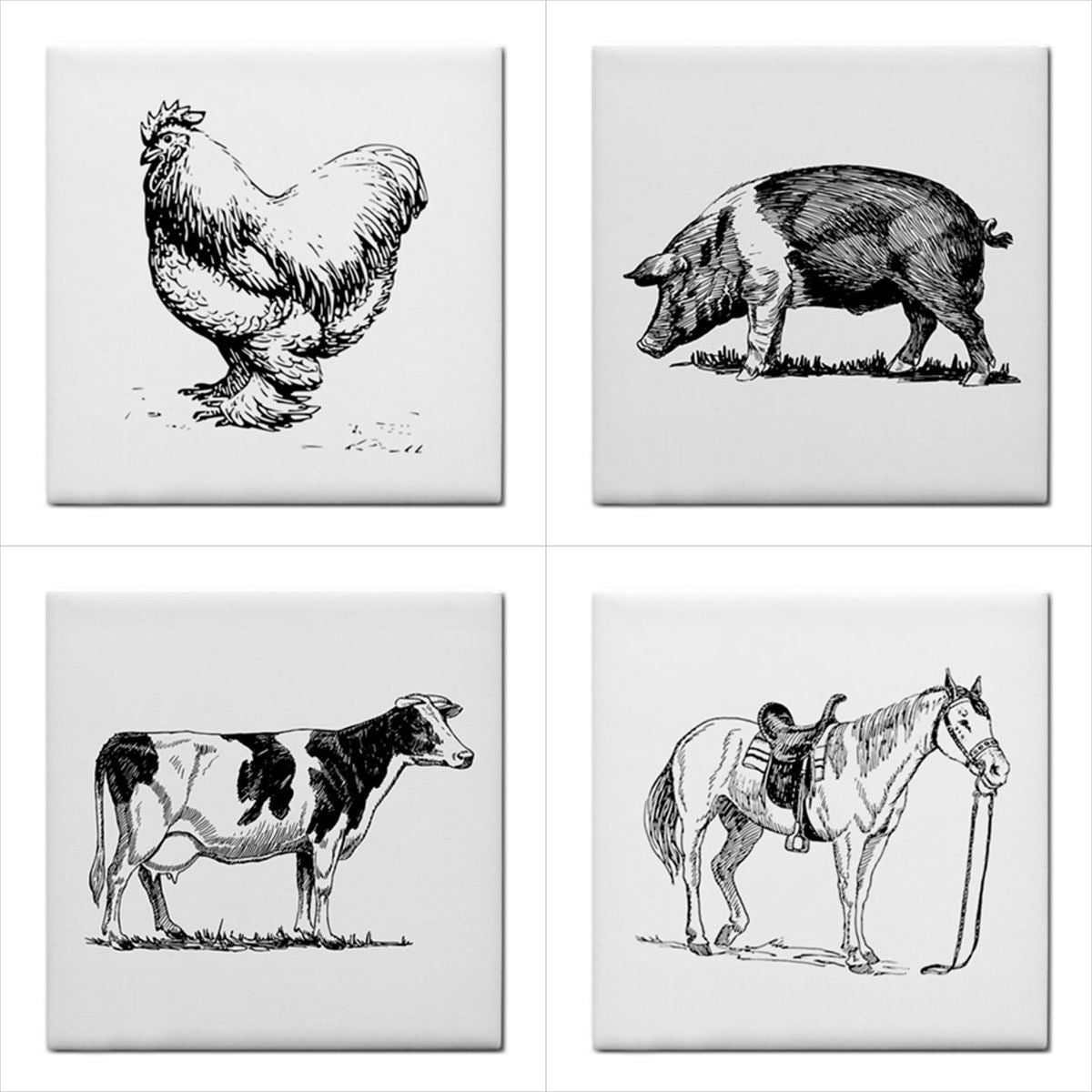 Farm Animals Ceramic Tile Art Set Of 4 Decorative Tiles Animal Animal Art Animal Tile Art Backsplash Black And White Ceramic Ceramic Tile Set Chicken Cow Farm Home Decor Horse Pig Tile Ceramic Tile Set