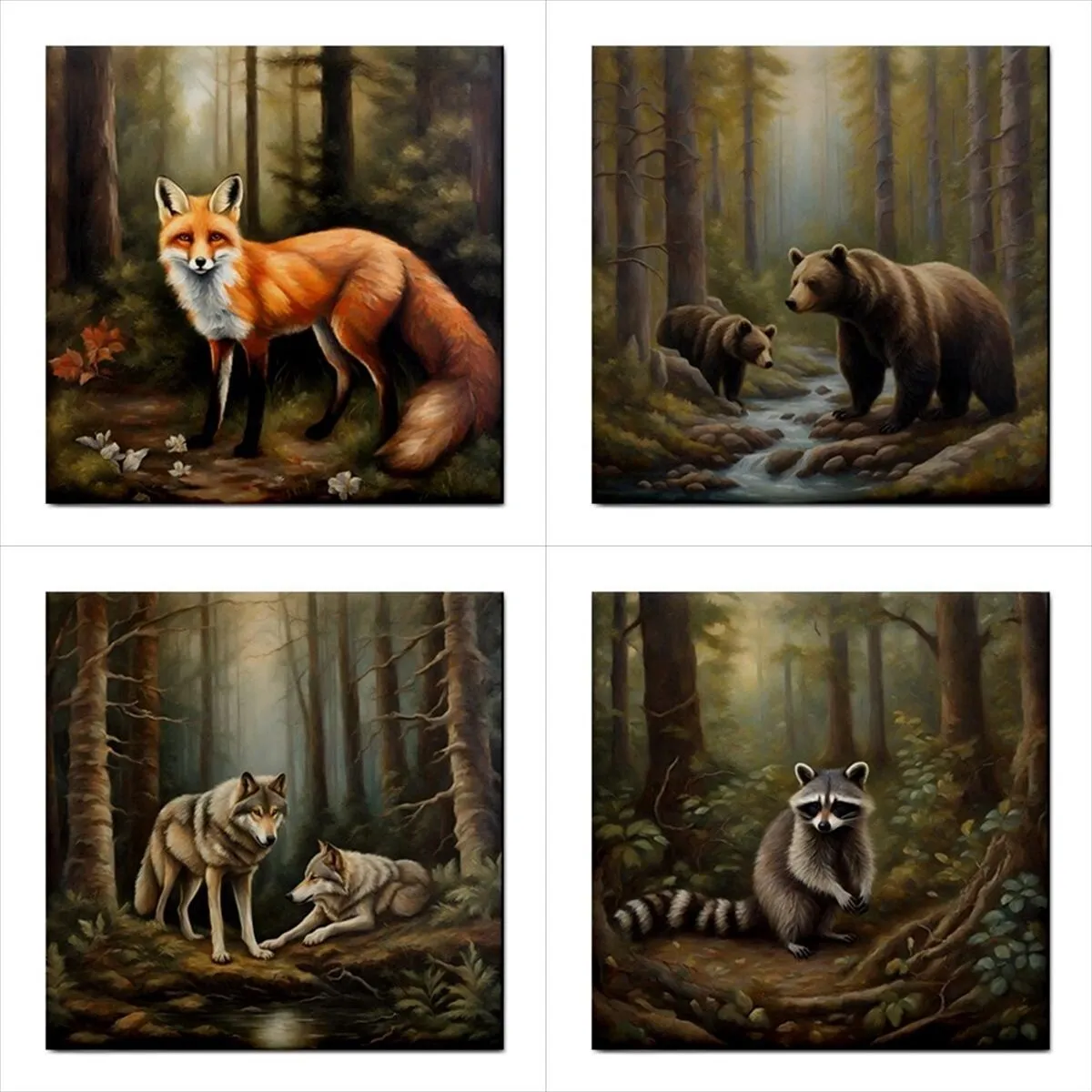 Wilderness Animals Ceramic Tile Art Set Of 4 Decorative Tiles Backsplash Animal Animal Art Animal Tile Art Backsplash Bear Ceramic Ceramic Tile Set Forest Fox Home Decor Raccoon Tile Wolf Ceramic Tile Set