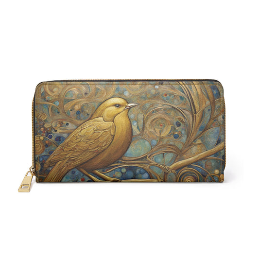 Golden Bird Art Nouveau Wallet Faux Leather Zipper Art Art Nouveau Bird Vacation wallet Zipper Wallet Zippered Wallet