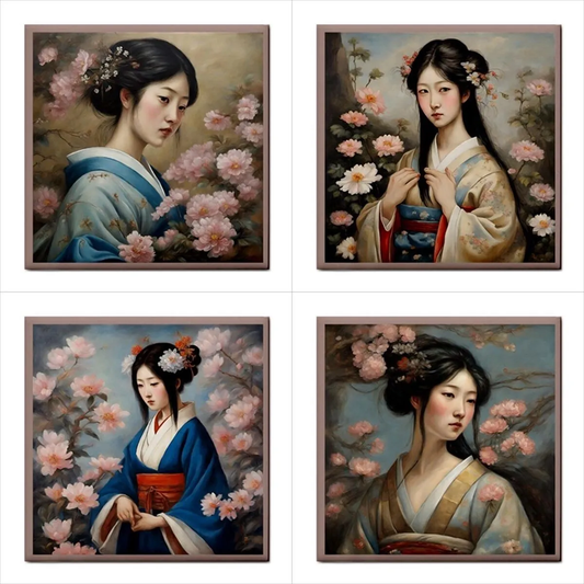 Japanese Maidens Ceramic Tile Art Set Of 4 Decorative Tiles Backsplash Art Backsplash Ceramic Ceramic Tile Ceramic Tile Set Geisha Home Decor Japan Japan Tile Japanese Japanese Art Tile Woman Women Ceramic Tile Set