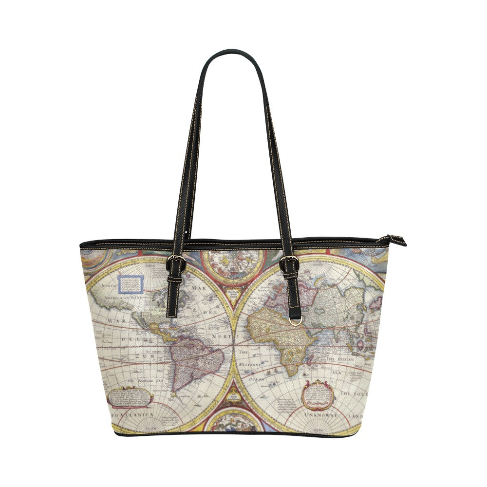 World Map Vintage Art PU Leather Carry On Tote Bag 17.5" x 11" 17.5" x 11" Carry On Map PU Leather Shoulder Bag Tote Tote Bag Travel Tote Bag