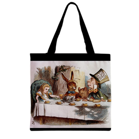 Alice In Wonderland Tea Party Art Canvas Grocery Shopping Book Tote Bag Alice In Wonderland Art Mad Tea Party Tote Bag Tote Bag