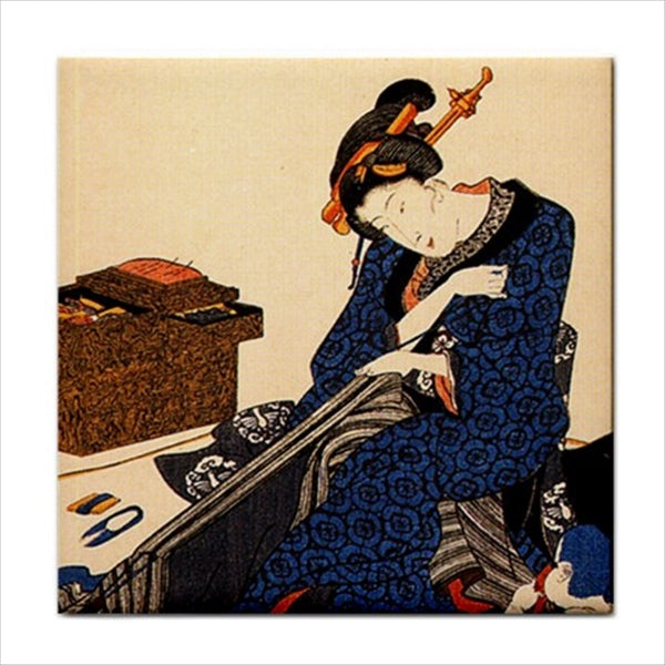 Japanese Woman Sewing Kimono Ceramic Tile Art Backsplash Ceramic Ceramic Tile Dragon Home Decor Japan Japan Tile Japanese Tile Ceramic Tile