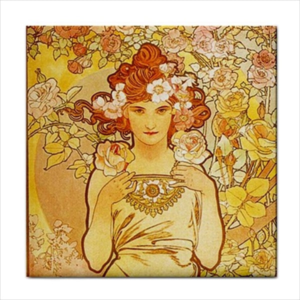 Rose Female Art Nouveau Alphonse Mucha Ceramic Tile Alphonse Mucha art Art Ceramic Tile Backsplash Ceramic Ceramic Tile Famous Fine Art Home Decor Tile Ceramic Tile