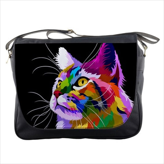 Colorful Cat Face Kitty Feline Art Messenger Bag Art Cat Fashion Feline Kitty Ladies Messenger Bag Novelty Handbags, Wallets & Cases