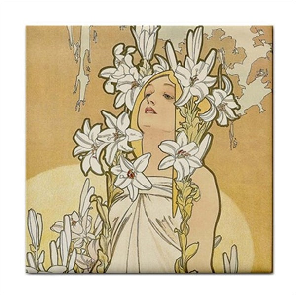 The Lily Art Nouveau Woman Alphonse Mucha Decorative Ceramic Tile Alphonse Mucha art Art Ceramic Tile Art Nouveau Backsplash Ceramic Ceramic Tile Famous Fine Art Home Decor Tile Ceramic Tile