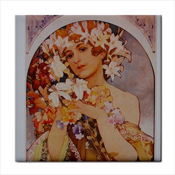 Flower Art Nouveau Woman Alphonse Mucha Decorative Ceramic Tile Alphonse Mucha art Art Ceramic Tile Art Nouveau Backsplash Ceramic Ceramic Tile Famous Fine Art Flower Flower Tile Flowers Home Decor Tile Ceramic Tile