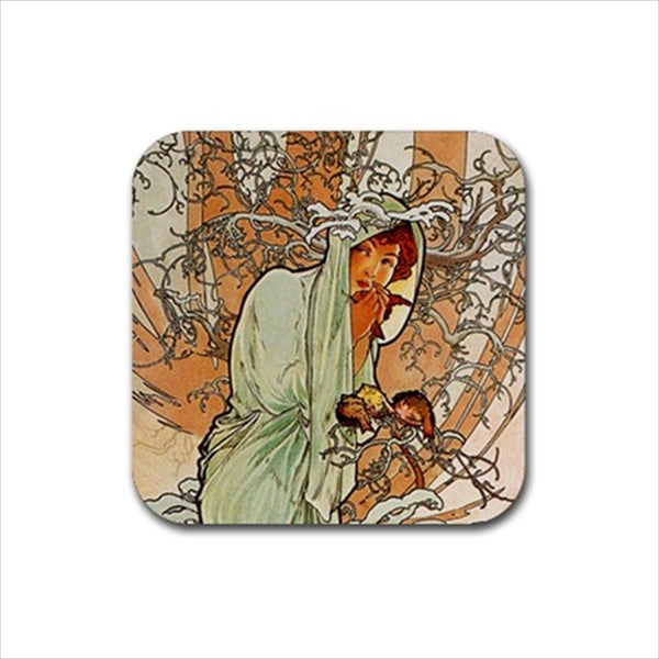 Seasons Art Nouveau Drink Coasters Rubber Beverage Anti Slip Set Advertisment Alphonse Mucha Anti Slip Art Nouveau Autumn Barware Beverage Coasters Rubber Coasters Spring Summer Winter Rubber Coasters