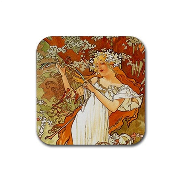 Seasons Art Nouveau Drink Coasters Rubber Beverage Anti Slip Set Advertisment Alphonse Mucha Anti Slip Art Nouveau Autumn Barware Beverage Coasters Rubber Coasters Spring Summer Winter Rubber Coasters