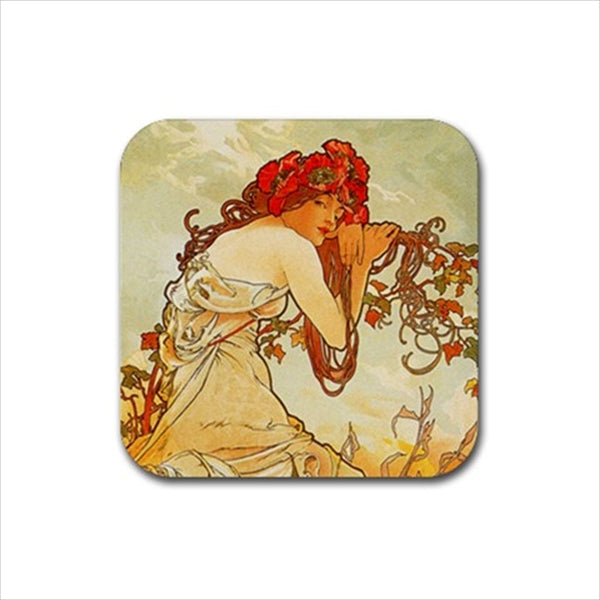 Seasons Art Nouveau Drink Coasters Rubber Beverage Anti Slip Set Advertisment Alphonse Mucha Anti Slip Art Nouveau Autumn Barware Beverage Coasters Rubber Coasters Spring Summer Winter Rubber Coasters