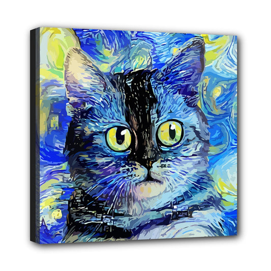 Cat Starry Night Van Gogh Inspired Canvas Wall Art Print 8 by 8 Inches 8 By 8 Inch Canvas Art Canvas Cat Home Decor Print Stretched Canvas Van Gogh Vincent Van Gogh wall art Posters, Prints, & Visual Artwork