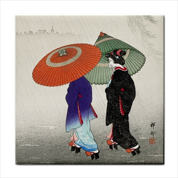 Japanese Women In The Rain Ceramic Tile