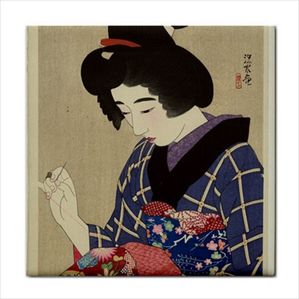 Japanese Woman Sewing Ceramic Tile Art Backsplash Ceramic Ceramic Tile Home Decor Japan Japan Tile Japanese Tile Woman Ceramic Tile