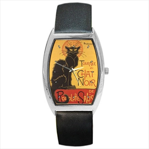 Chat Noir Black Cat Théophile Steinlen Art Barrel Style Wristwatch Unisex Watch Art Barrel Shape Famous Fine Art Unisex Watch Wristwatch Barrel Shape Watch