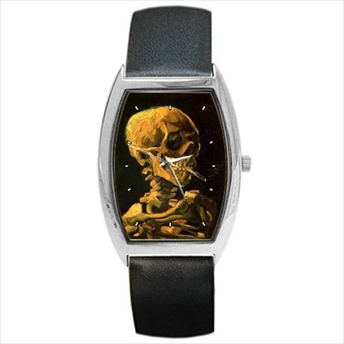 Skull With A Burning Cigarette Van Gogh Art Barrel Style Wristwatch Unisex Watch Art Barrel Shape Unisex Watch Wristwatch Barrel Shape Watch