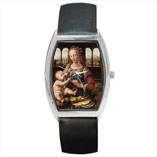 Madonna of the Carnation Da Vinci Art Barrel Style Wristwatch Unisex Watch Art Barrel Shape Famous Fine Art Unisex Watch Wristwatch Barrel Shape Watch