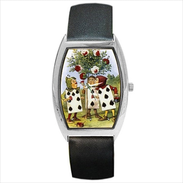 Alice In Wonderland Painting The Roses Red Art Barrel Style Wristwatch Unisex Watch Barrel Shape Watch