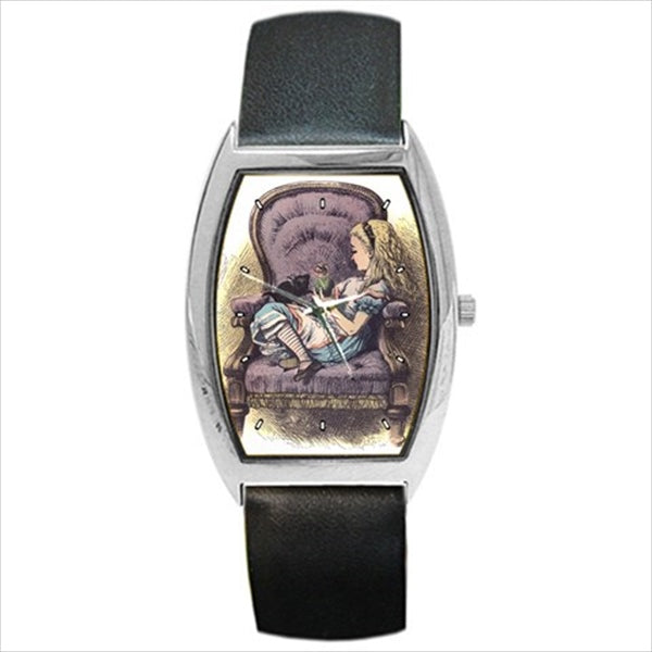 Alice In Wonderland And Her Kitten Wristwatch Unisex Watch Alice In Wonderland Art Barrel Shape Unisex Watch Wristwatch Barrel Shape Watch