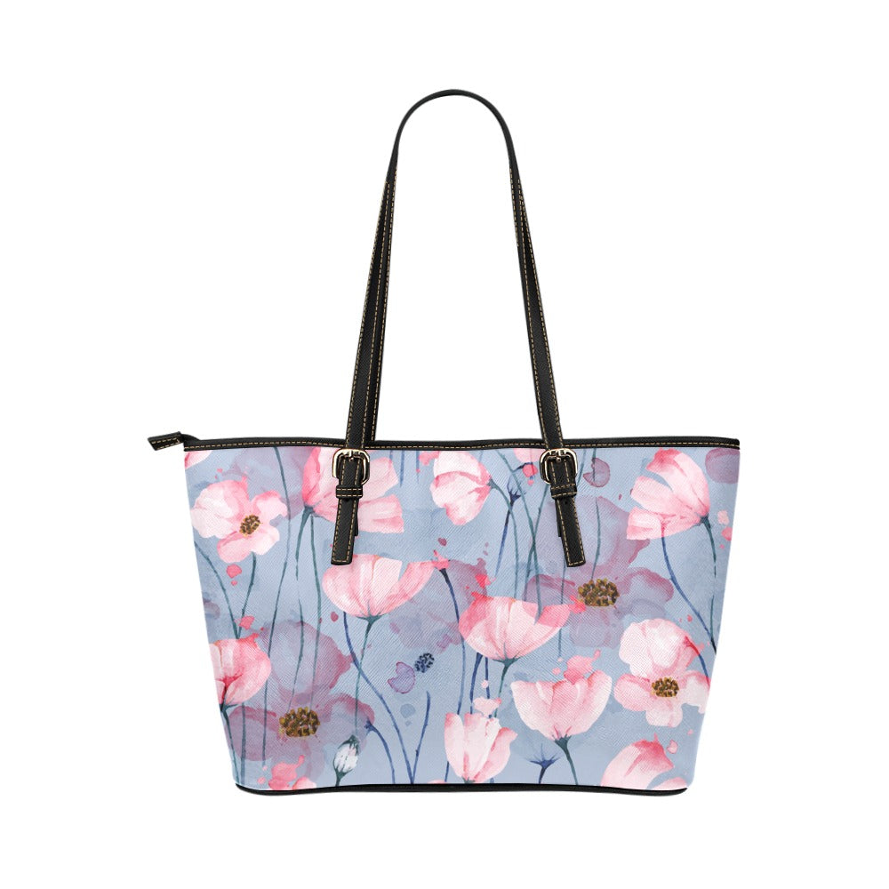 Pink Poppies Flowers Art PU Leather Carry On Tote Bag 17.5" x 11" Tote Bag