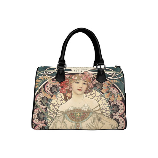 Reverie Boston Handbag Canvas PU Leather Alphonse Mucha Art Nouveau Art Boston Handbag Handbag Ladies Boston Handbag