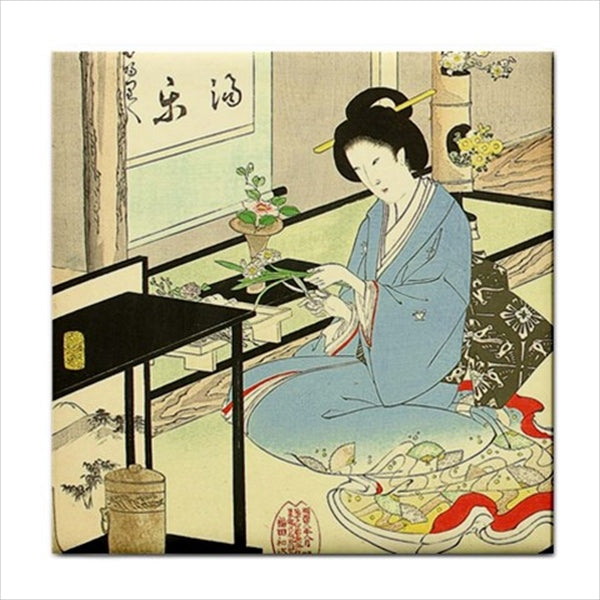 Japanese Woman Flower Arranging Art Ceramic Tile Backsplash Ceramic Ceramic Tile Flower Flower Tile Home Decor Japan Japan Tile Japanese Tile Woman Ceramic Tile