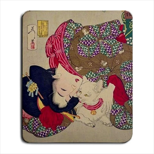 Japanese Woman Playing With Her Cat Japan Art Computer Mat Mouse Pad