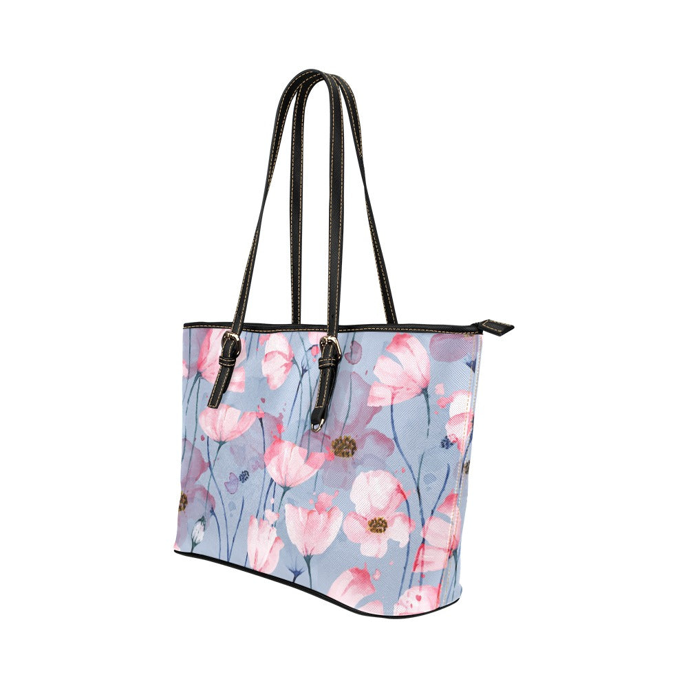 Pink Poppies Flowers Art PU Leather Carry On Tote Bag 17.5" x 11" Tote Bag