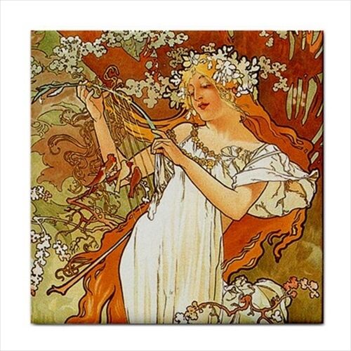 Spring The Seasons Alphonse Mucha Woman Female Art Nouveau Ceramic Tile Alphonse Mucha art Art Ceramic Tile Backsplash Ceramic Ceramic Tile Famous Fine Art Home Decor Tile Ceramic Tile