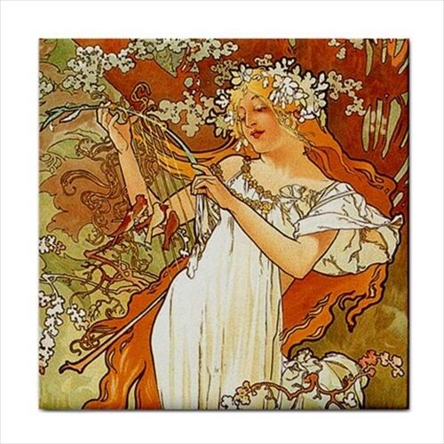 Spring The Seasons Alphonse Mucha Woman Female Art Nouveau  Ceramic Tile