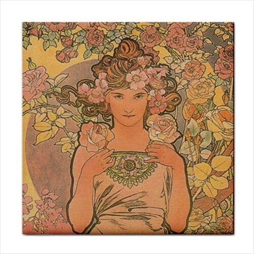 The Rose Woman Female Art Nouveau Alphonse Mucha Decorative Ceramic Tile