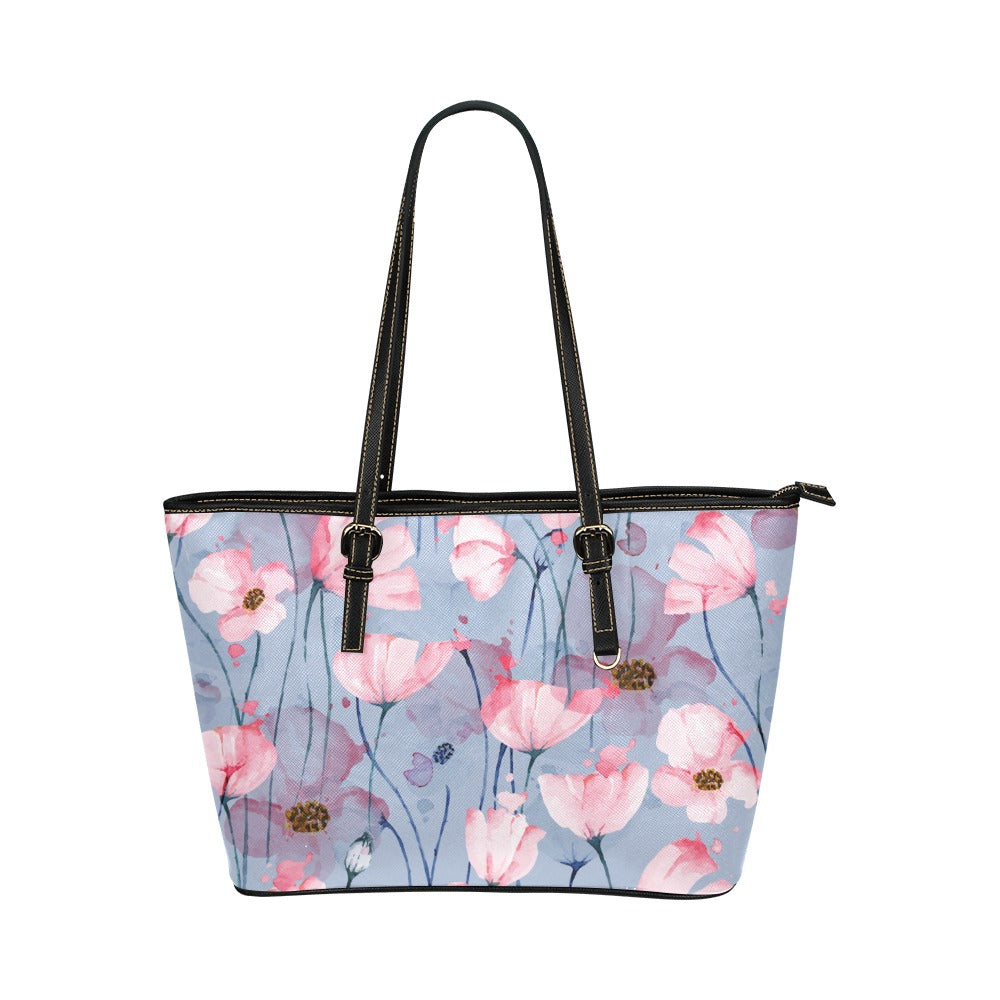 Pink Poppies Flowers Art PU Leather Carry On Tote Bag 17.5" x 11" Tote Bag