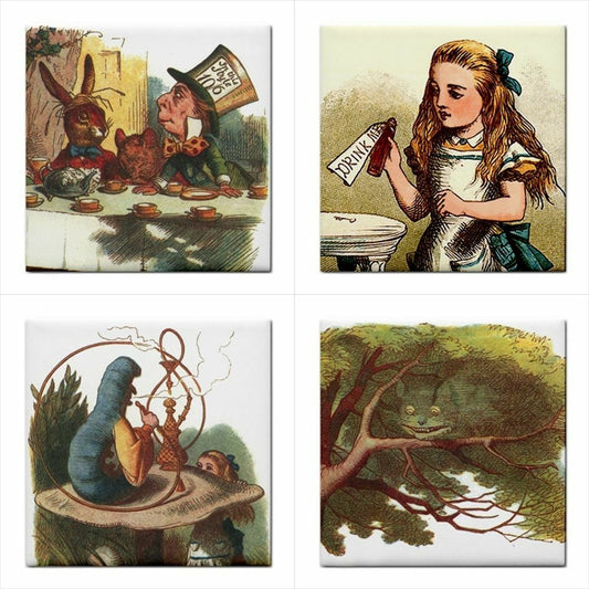 Alice In Wonderland Classic Characters Set Of 4 Decorative Ceramic Tiles Alice In Wonderland Tile Art Backsplash Cat Ceramic Ceramic Tile Ceramic Tile Set Home Decor Tile Ceramic Tile Set