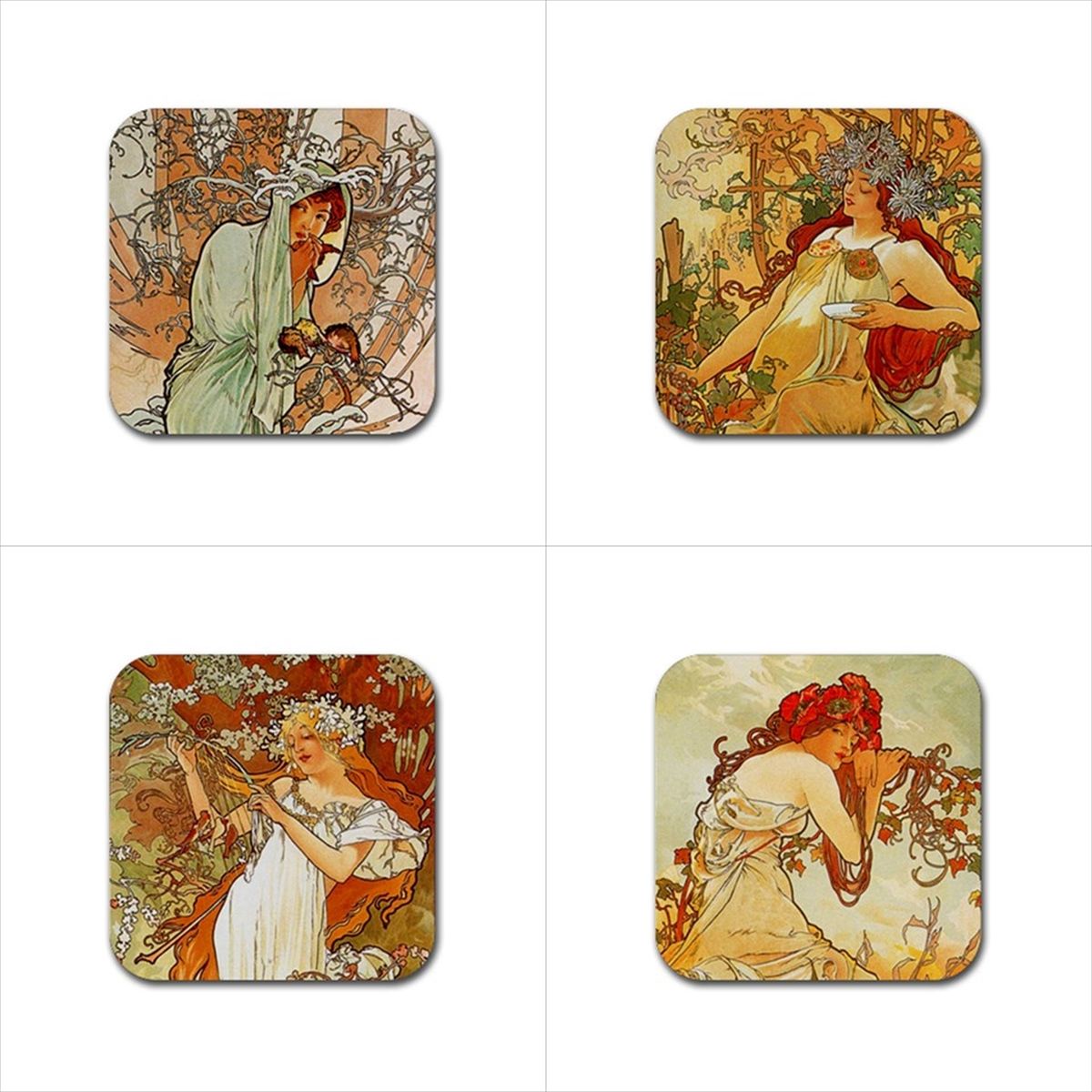 Seasons Art Nouveau Drink Coasters Rubber Beverage Anti Slip Set Advertisment Alphonse Mucha Anti Slip Art Nouveau Autumn Barware Beverage Coasters Rubber Coasters Spring Summer Winter Rubber Coasters