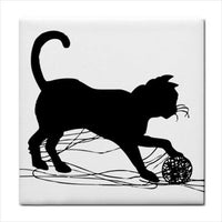 black cat ball of yarn ceramic tile