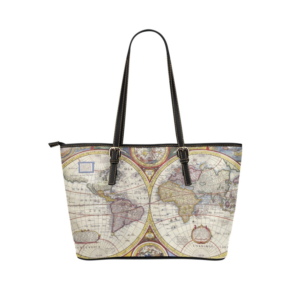 World Map Vintage Art PU Leather Carry On Tote Bag 17.5" x 11" 17.5" x 11" Carry On Map PU Leather Shoulder Bag Tote Tote Bag Travel Tote Bag