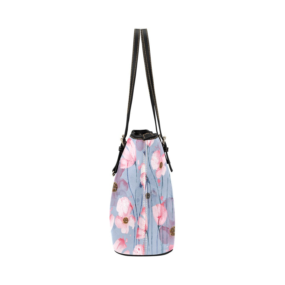 Pink Poppies Flowers Art PU Leather Carry On Tote Bag 17.5" x 11" Tote Bag