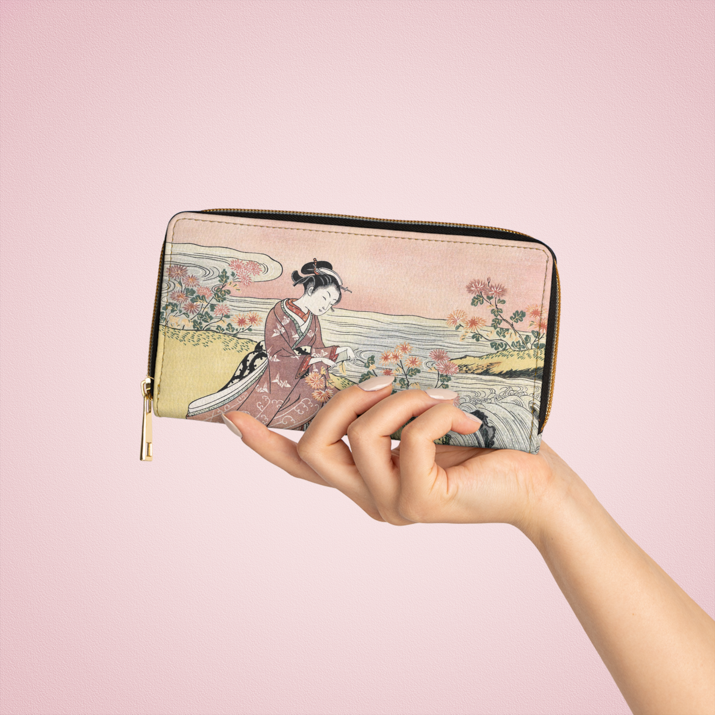 Japanese Woman Picking Chrysanthemums Faux Leather Zipper Wallet Art Flowers Japan Japanese Pink Suzuki Harunobu wallet Zipper Wallet Zippered Wallet