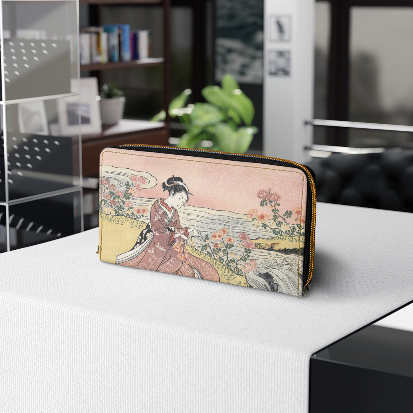 Japanese Woman Picking Chrysanthemums Faux Leather Zipper Wallet Art Flowers Japan Japanese Pink Suzuki Harunobu wallet Zipper Wallet Zippered Wallet