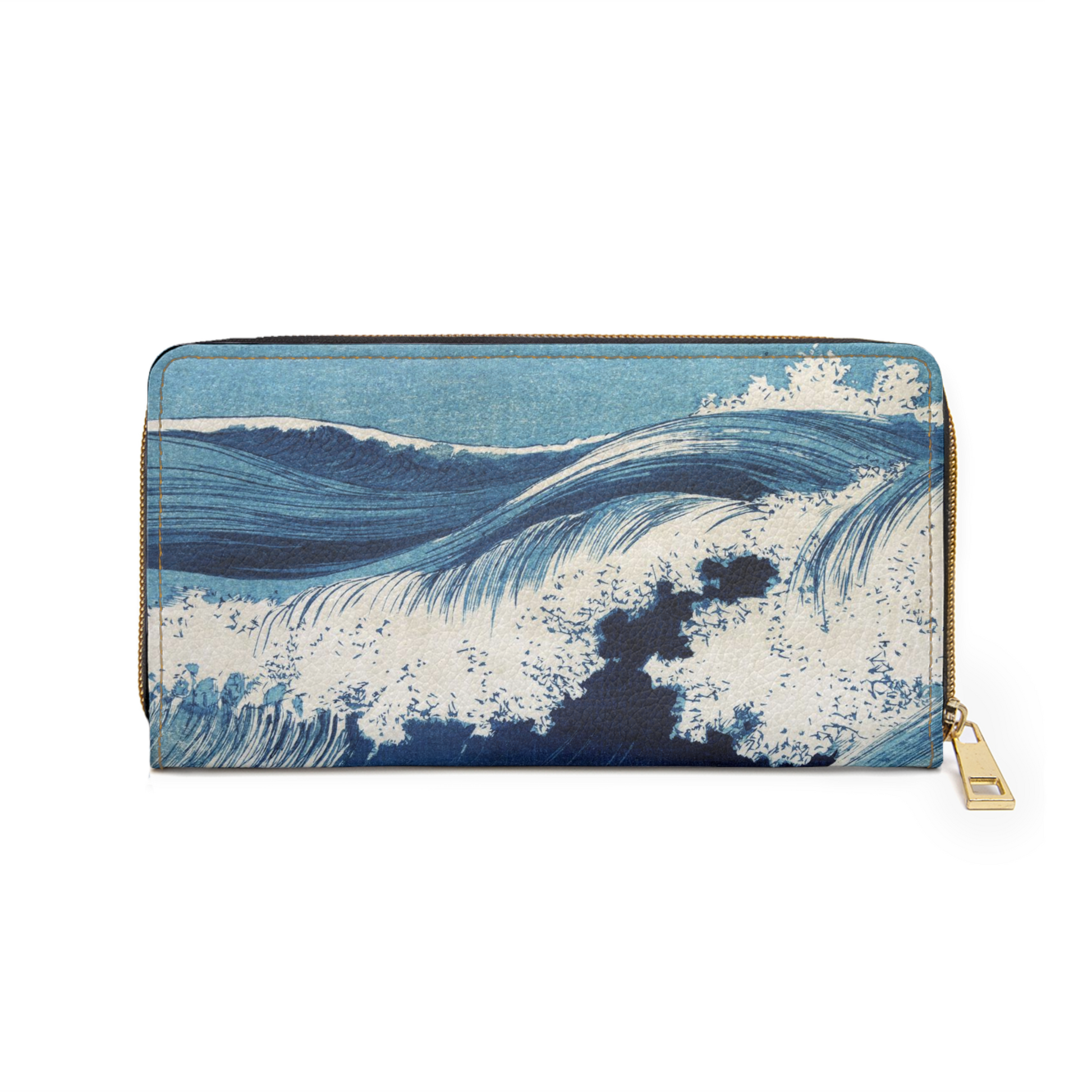 Blue Ocean Sea Waves Faux Leather Zipper Wallet Art Blue Japan Japanese Art Ocean Uehara Konen wallet Zipper Wallet Zippered Wallet