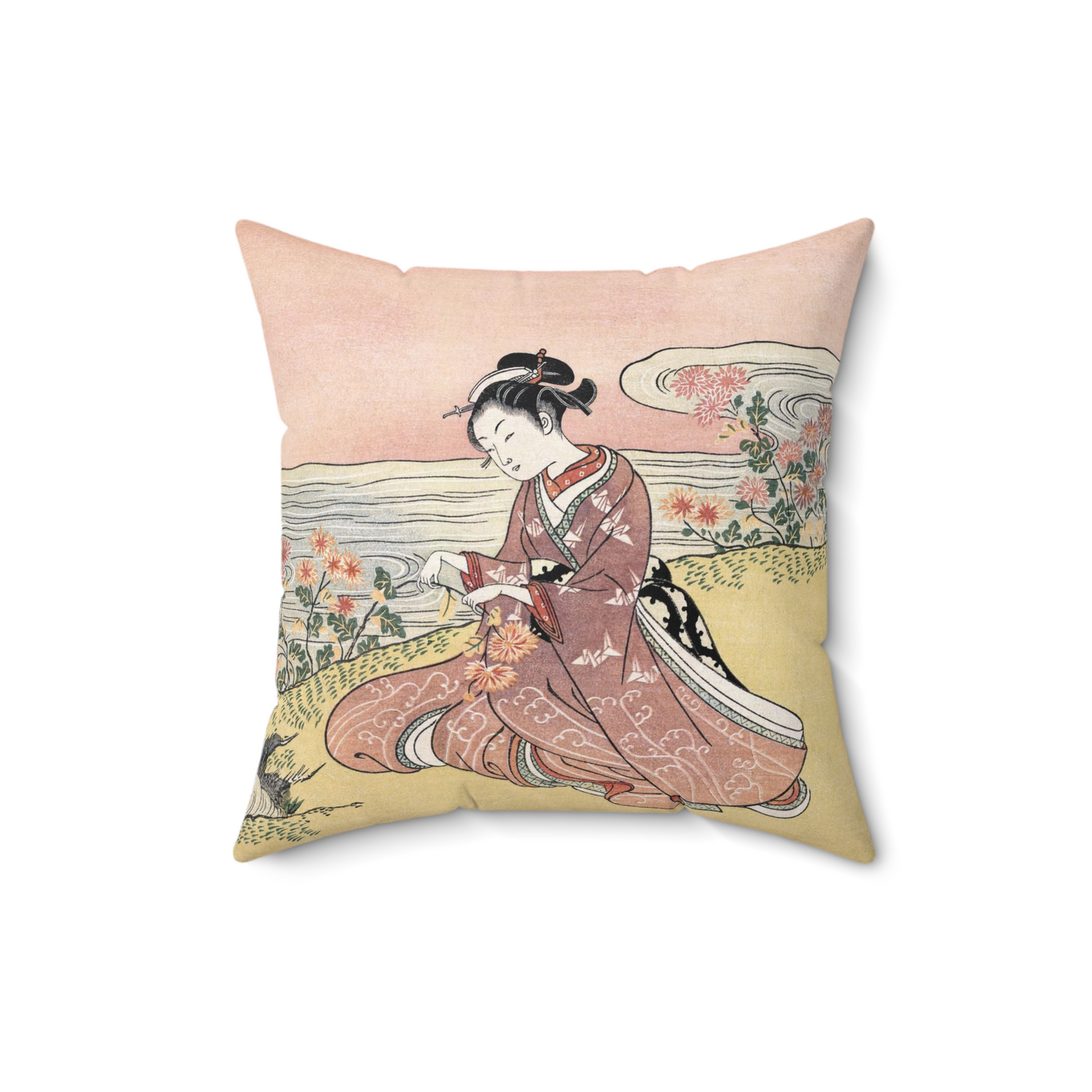 Japanese Woman Gathering Flowers Decorative Faux Suede Throw Pillow 16x16 Inches 16 Inch Decorative Pillow Flower Art Flowers Japan Japanese Pink Throw Pillow Throw Pillows