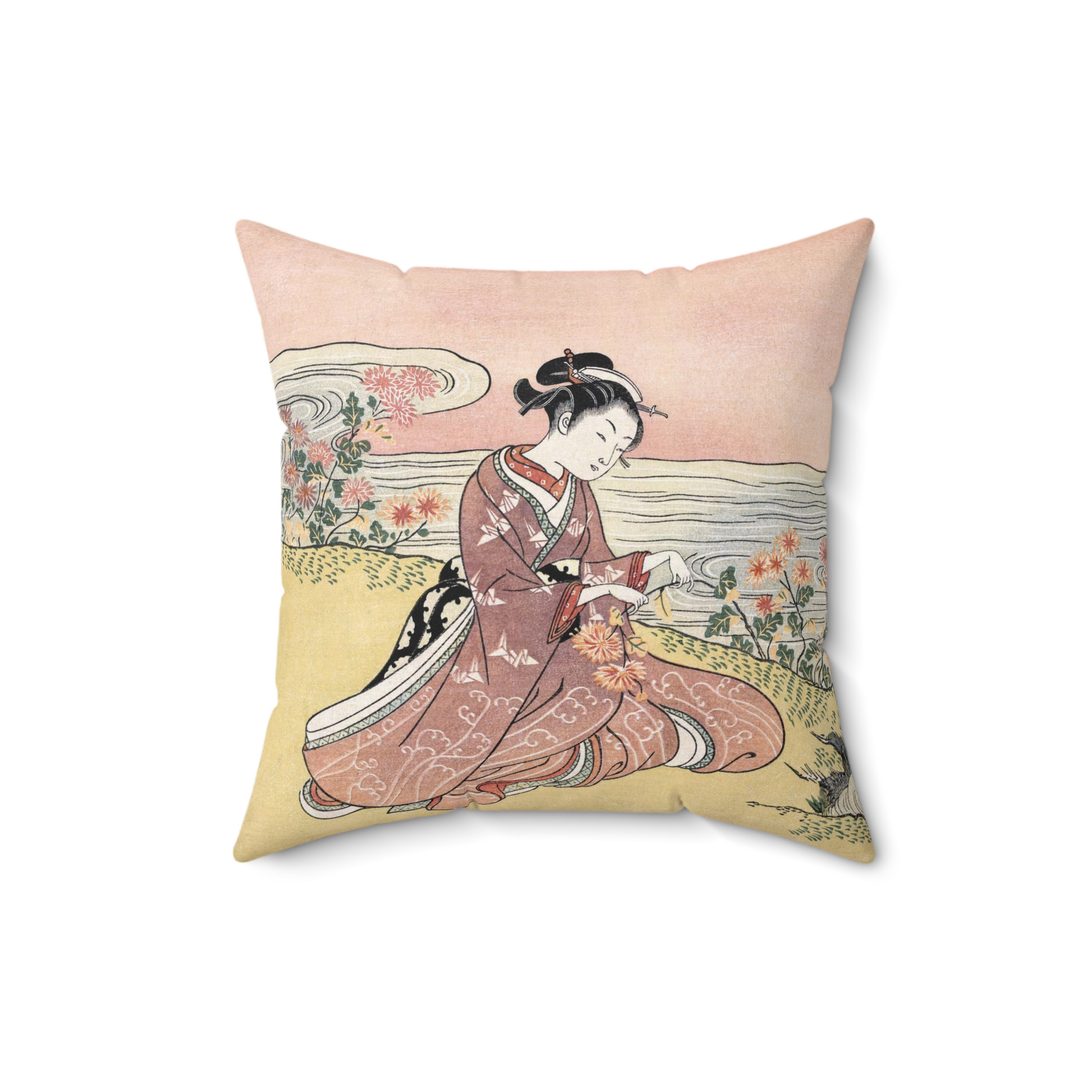 Japanese Woman Gathering Flowers Decorative Faux Suede Throw Pillow 16x16 Inches 16 Inch Decorative Pillow Flower Art Flowers Japan Japanese Pink Throw Pillow Throw Pillows